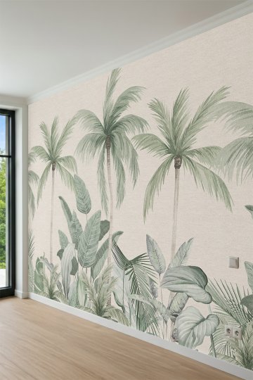 Dreamwall Yeşil Palmiye ve Tropikal Bitki Desenli Tek Parça Tekstil Duvar Kağıdı küçük görsel 1