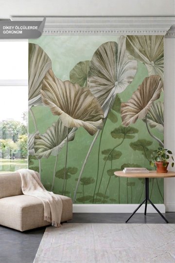 Dreamwall Yeşil Tonlarında Devasa Lotus Yaprakları ve Botanik Motifli Tek Parça Tekstil Duvar Kağıdı