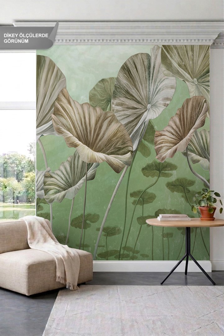 Dreamwall Yeşil Tonlarında Devasa Lotus Yaprakları ve Botanik Motifli Tek Parça Tekstil Duvar Kağıdı