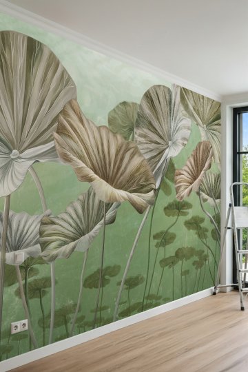 Dreamwall Yeşil Tonlarında Devasa Lotus Yaprakları ve Botanik Motifli Tek Parça Tekstil Duvar Kağıdı küçük görsel 2