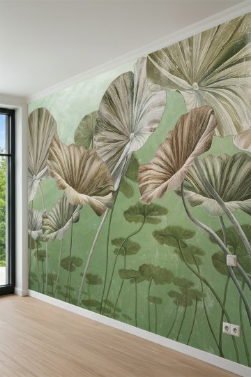 Dreamwall Yeşil Tonlarında Devasa Lotus Yaprakları ve Botanik Motifli Tek Parça Tekstil Duvar Kağıdı küçük görsel 3