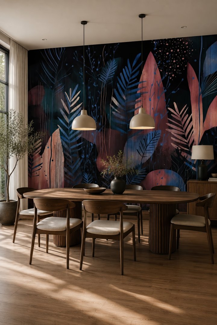 Dreamwall Yıldız Tozunun Düştüğü Orman- Çizgisel Yapraklar Tek Parça Tekstil Duvar Kağıdı