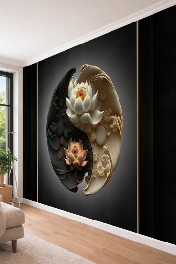 Dreamwall Yin Yang ve Lotus Çiçeği Temalı 3D Efektli Modern Tek Parça Tekstil Duvar Kağıdı