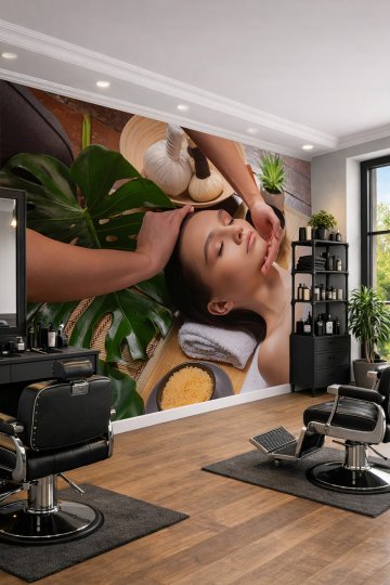 Dreamwall Yüz Masajı Yapan Kadın ve Spa Malzemeleri Temalı Estetik Merkezi Tekstil Duvar Kağıdı küçük görsel 1