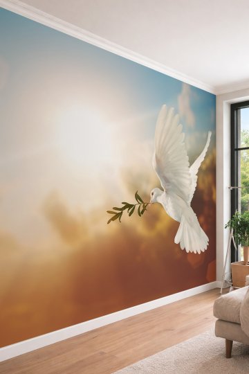 Dreamwall Zeytin Dalı Taşıyan Güvercin Temalı Gün Doğumu Efektli Tek Parça Tekstil Duvar Kağıdı