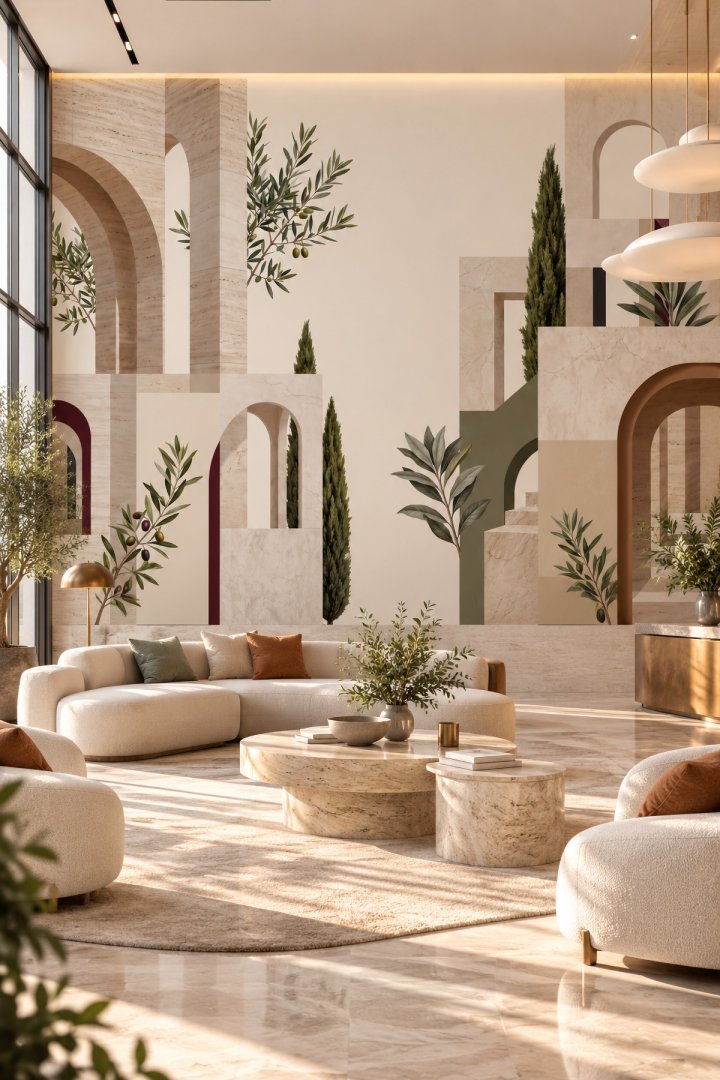 Dreamwall Zeytin Taşının Avluları-Akdeniz Mimarisi Desenli Tek Parça Tekstil Duvar Kağıdı 