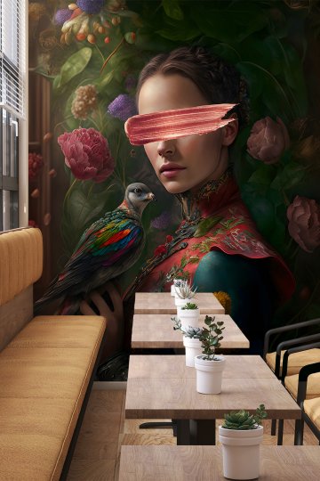 Dreamwall Zümrüdü Anka ve Kadın Rönesans Tablosu Desenli Tek Parça Duvar Kağıdı