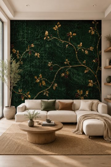 Dreamwall Zümrüt Kadifenin Altın Sarmaşığı- Çiçek Desenli Tek Parça Tekstil Duvar Kağıdı