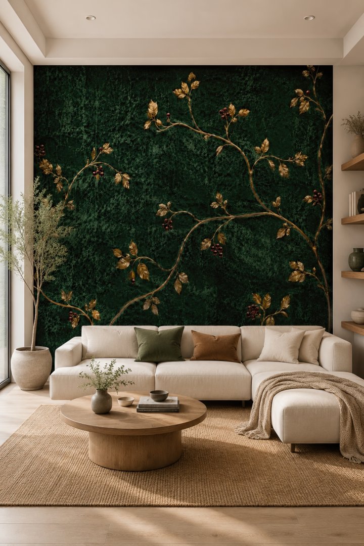 Dreamwall Zümrüt Kadifenin Altın Sarmaşığı- Çiçek Desenli Tek Parça Tekstil Duvar Kağıdı