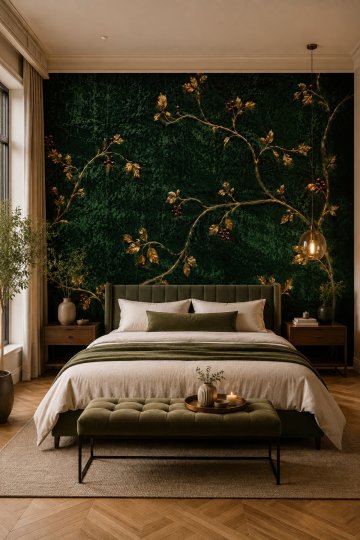 Dreamwall Zümrüt Kadifenin Altın Sarmaşığı- Çiçek Desenli Tek Parça Tekstil Duvar Kağıdı küçük görsel 3