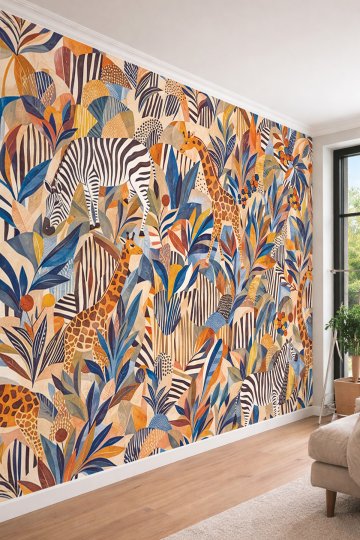 Dreamwall Zürafa, Zebra ve Tropikal Yaprak Motifli Renkli Tek Parça Tekstil Duvar Kağıdı  küçük görsel 1