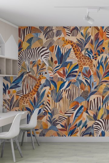 Dreamwall Zürafa, Zebra ve Tropikal Yaprak Motifli Renkli Tek Parça Tekstil Duvar Kağıdı  küçük görsel 2