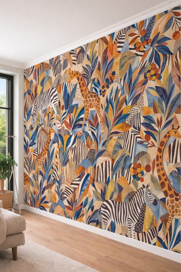 Dreamwall Zürafa, Zebra ve Tropikal Yaprak Motifli Renkli Tek Parça Tekstil Duvar Kağıdı  küçük görsel 3
