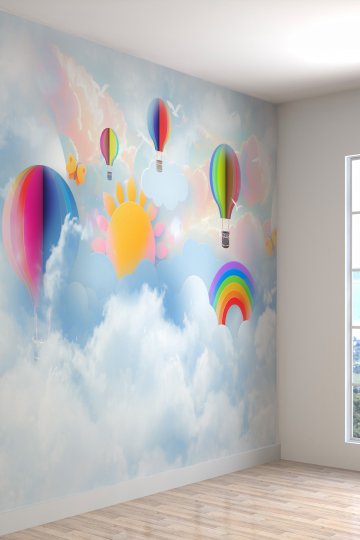 Duvar Kağıdı Bulutlar Gökkuşağı Ve Uçan Balon Desenli Tekstil (EN: 420, BOY: 280)
