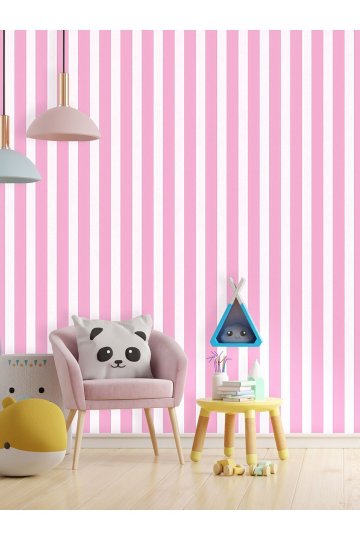 Duvar Kağıdı Pembe Beyaz Çizgili Desenli Silinebilir Genç Odası Tekstil Duvar Kağıdı