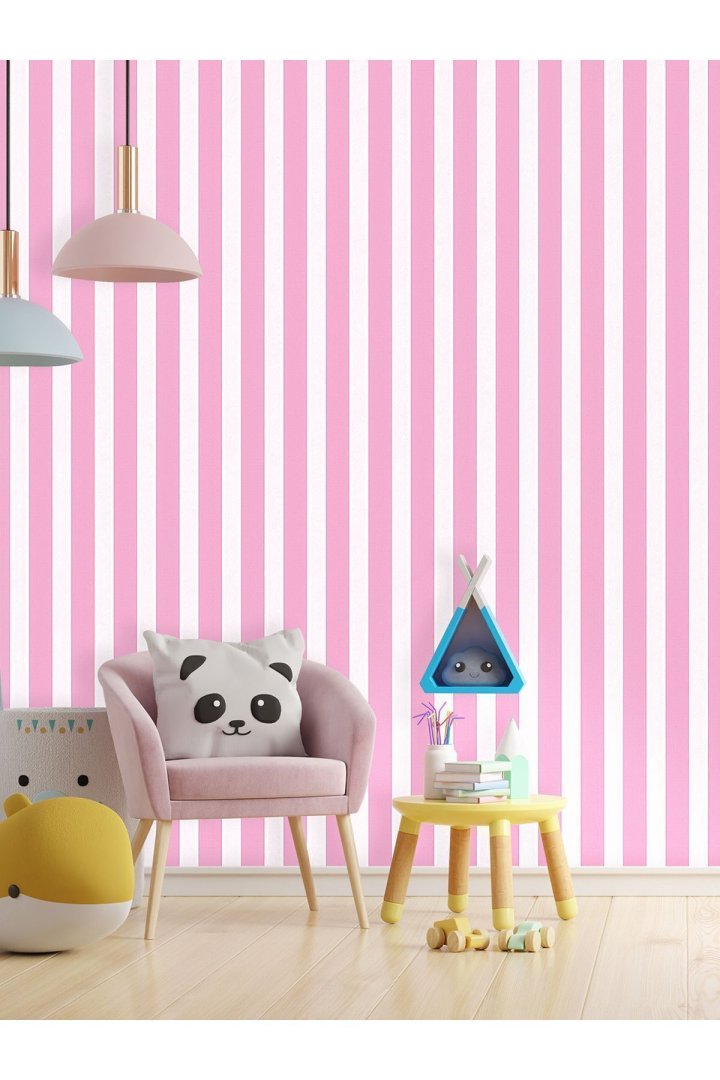 Duvar Kağıdı Pembe Beyaz Çizgili Desenli Silinebilir Genç Odası Tekstil Duvar Kağıdı