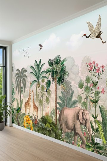 Egzotik Ormanda Hayvanlar- Safari Desenli Tek Parça Tekstil Duvar Kağıdı 