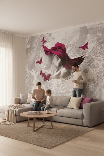 Elegance Pembe Şapkalı Kadın ve Kelebek Desenli Tekstil Duvar Kağıdı
