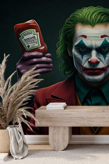 Elinde Ketçap Şişesi Tutan Joker Karakter Desenli Tek Parça Tekstil Duvar Kağıdı küçük görsel 3