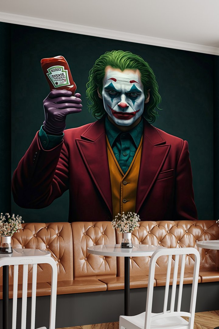 Elinde Ketçap Şişesi Tutan Joker Karakter Desenli Tek Parça Tekstil Duvar Kağıdı