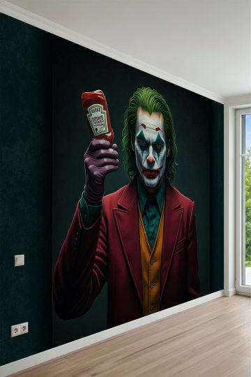 Elinde Ketçap Şişesi Tutan Joker Karakter Desenli Tek Parça Tekstil Duvar Kağıdı küçük görsel 2