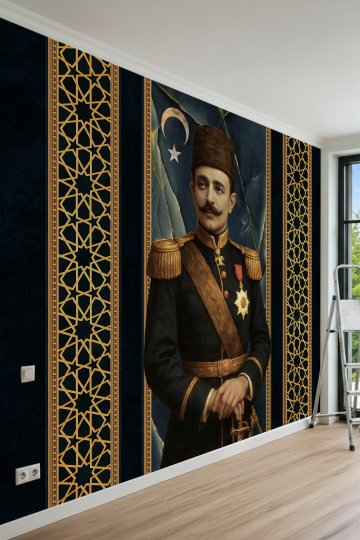 Enver Paşa Portreli Selçuklu Yıldızı Motifli Tek Parça Tekstil Duvar Kağıdı