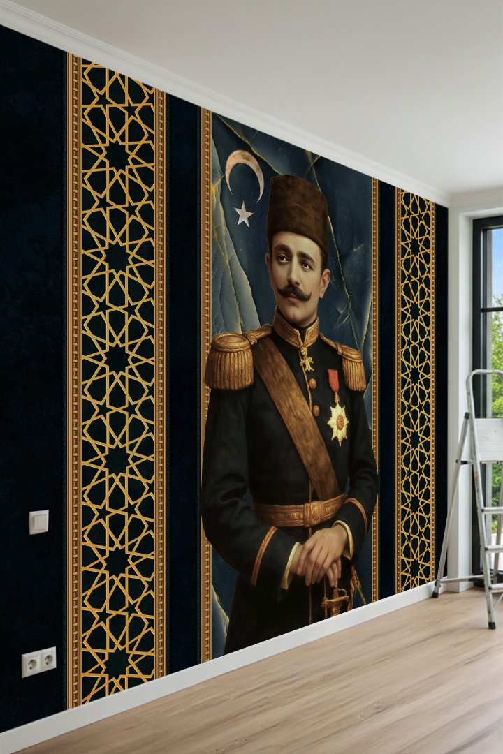 Enver Paşa Portreli Selçuklu Yıldızı Motifli Tek Parça Tekstil Duvar Kağıdı
