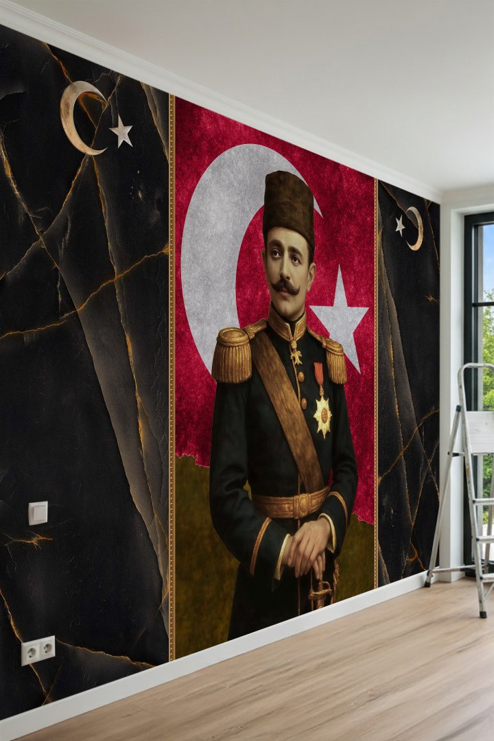 Enver Paşa Portreli Türk Bayrağı ve Mermer Desenli Tekstil Duvar Kağıdı