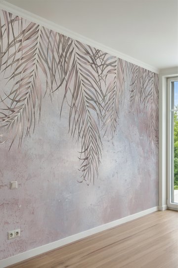 Eskitme Beton ve Sarkan Palmiye Yapraklı Tek Parça Tekstil Duvar Kağıdı