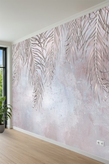 Eskitme Beton ve Sarkan Palmiye Yapraklı Tek Parça Tekstil Duvar Kağıdı küçük görsel 3