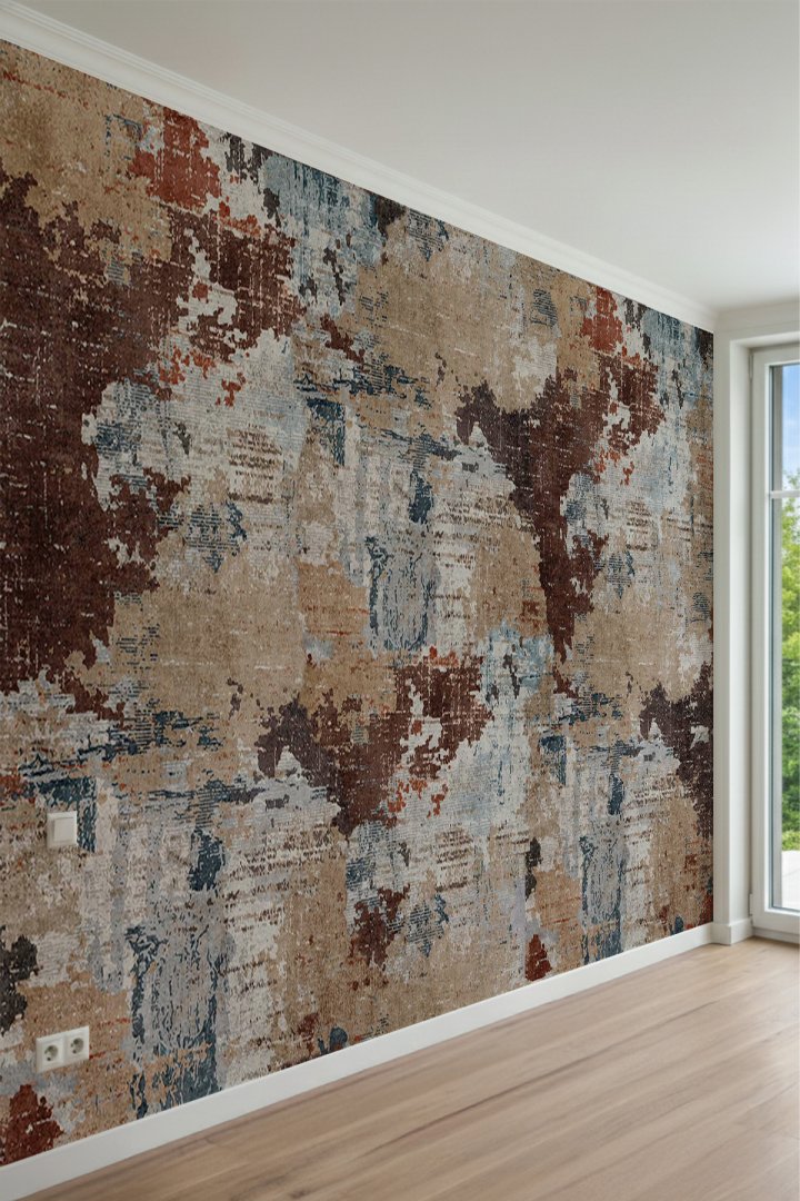 Eskitme Halı Dokulu, Soyut Patchwork Tasarımlı Tek Parça Tekstil Duvar Kağıdı