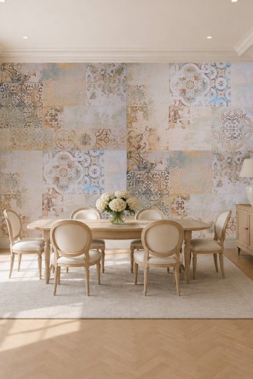 Eskitme ve Soluk Pastel Tonlarda Patchwork Çini Desenli Tek Parça Tekstil Duvar Kağıdı