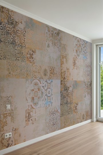 Eskitme ve Soluk Pastel Tonlarda Patchwork Çini Desenli Tek Parça Tekstil Duvar Kağıdı küçük görsel 2