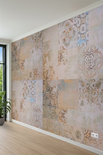 Eskitme ve Soluk Pastel Tonlarda Patchwork Çini Desenli Tek Parça Tekstil Duvar Kağıdı küçük görsel 3