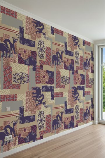 Etnik Fil Figürleri, Patchwork Desenli Tek Parça Tekstil Duvar Kağıdı