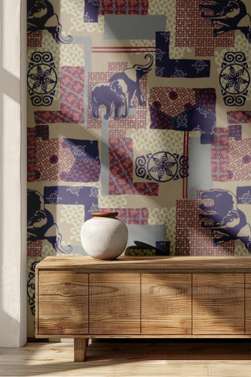 Etnik Fil Figürleri, Patchwork Desenli Tek Parça Tekstil Duvar Kağıdı küçük görsel 2
