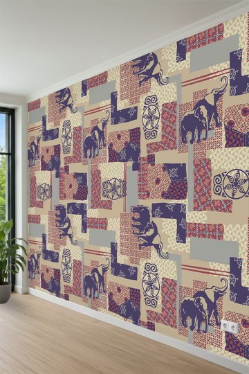 Etnik Fil Figürleri, Patchwork Desenli Tek Parça Tekstil Duvar Kağıdı küçük görsel 3