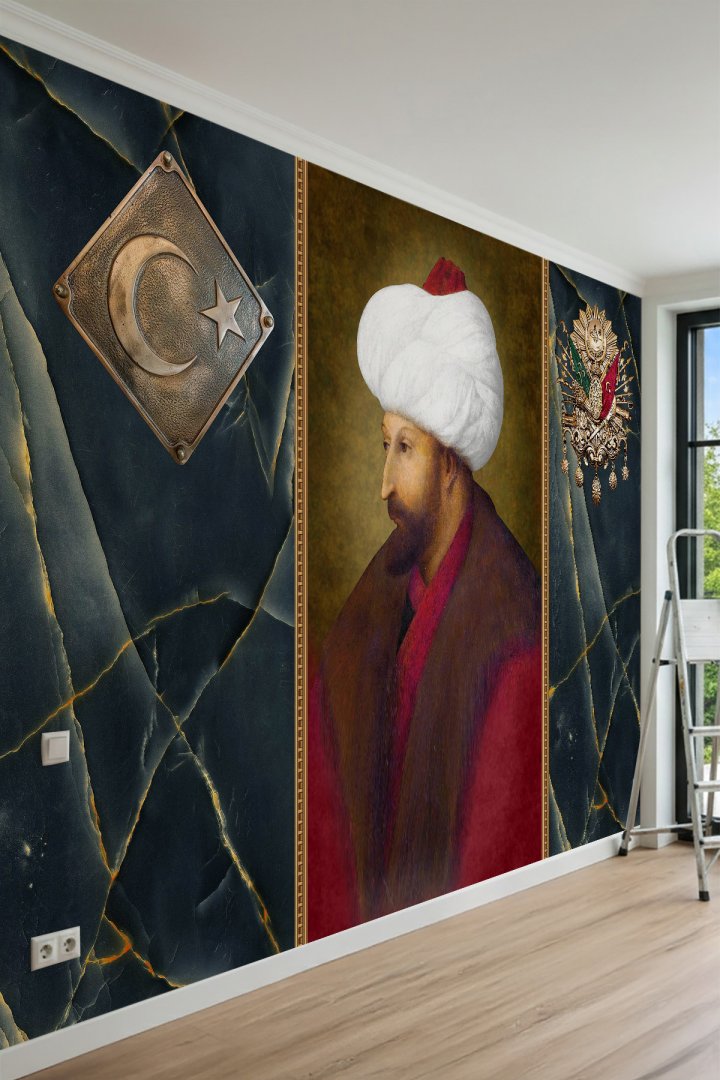  Fatih Sultan Mehmet Portreli Osmanlı Arması ve Mermer Desenli Tekstil Duvar Kağıdı
