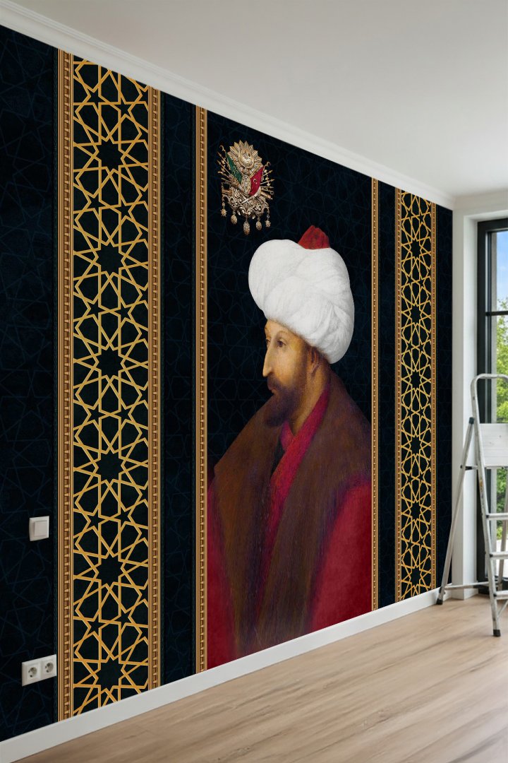 Fatih Sultan Mehmet ve Selçuklu Yıldızı Desenli Tek Parça Tekstil Duvar Kağıdı