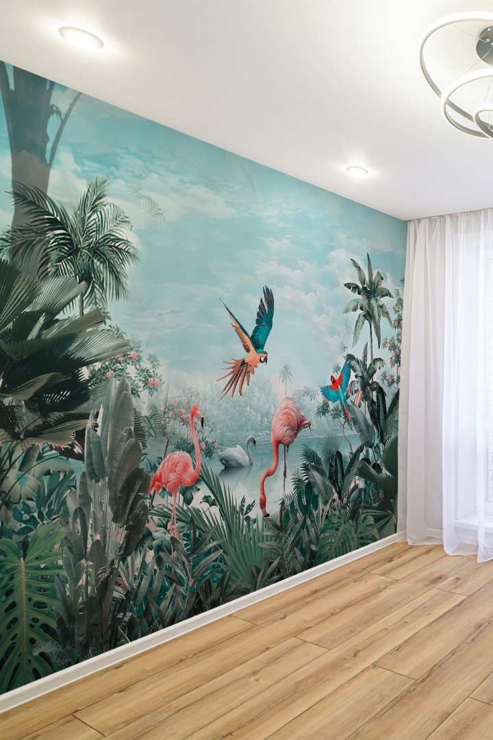 Flamingo ve Papağan Desenli Tropikal Tekstil Duvar Kağıdı