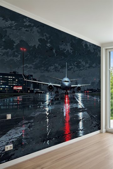 Gece Islak Pist Üzerinde Uçak ve Işık Yansımalı Tek Parça Tekstil Duvar Kağıdı küçük görsel 1