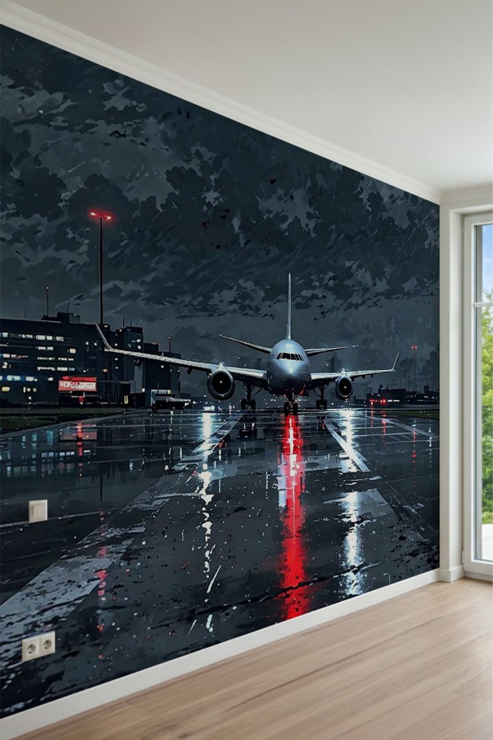 Gece Islak Pist Üzerinde Uçak ve Işık Yansımalı Tek Parça Tekstil Duvar Kağıdı