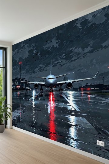 Gece Islak Pist Üzerinde Uçak ve Işık Yansımalı Tek Parça Tekstil Duvar Kağıdı küçük görsel 3