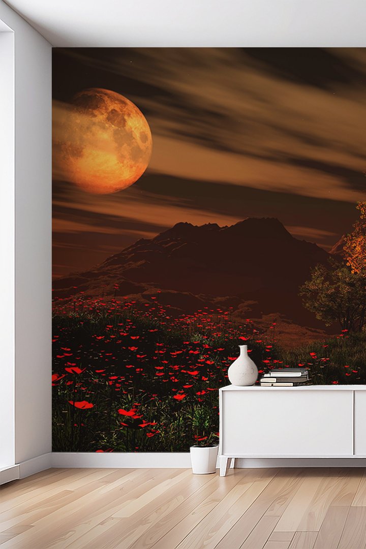 Gece, Turuncu Ay, Dağ ve Kırmızı Gelincik Tarlası Temalı Tek Parça Tekstil Duvar Kağıdı