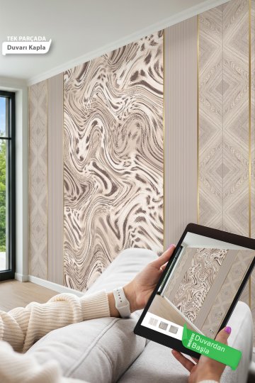 Geometrik Ahşap ve Soyut Akışkan Mermer Desenli Tek Parça Tekstil Duvar Kağıdı 