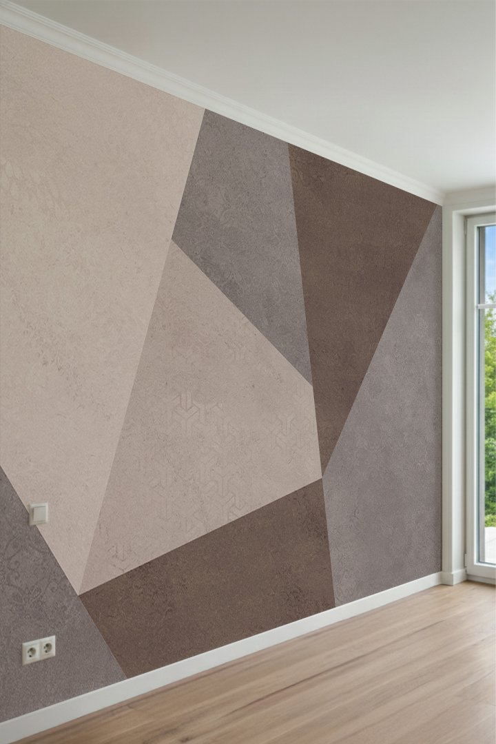 Geometrik Blok Panel Desenli Bej Tonlarında Tek Parça Tekstil Duvar Kağıdı