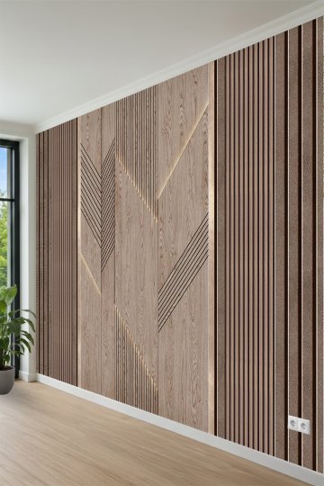 Geometrik Chevron Desenli ve Modern Akustik Panel Desenli Tek Parça Tekstil Duvar Kağıdı 