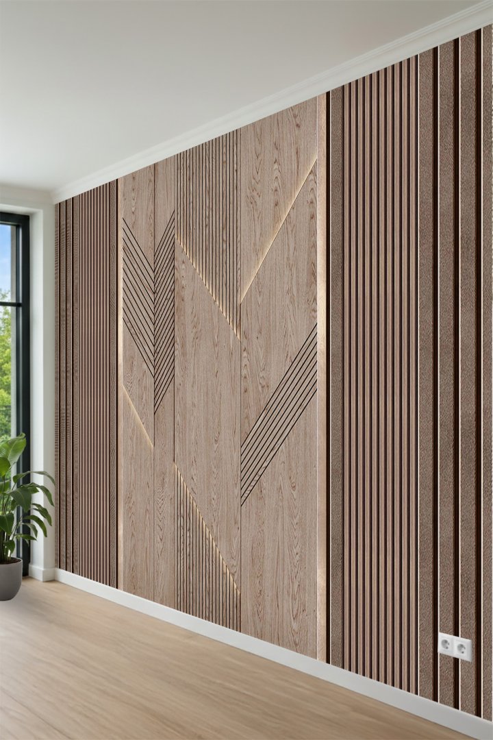 Geometrik Chevron Desenli ve Modern Akustik Panel Desenli Tek Parça Tekstil Duvar Kağıdı 