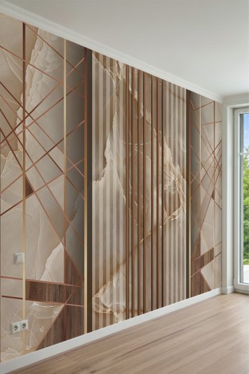 Geometrik Çizgili Mermer Panel, Dikey Çıta ve Ahşap Desenli Tek Parça Tekstil Duvar Kağıdı