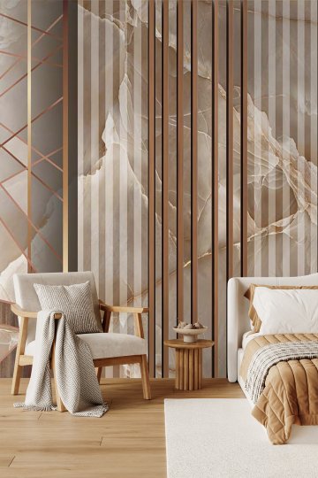 Geometrik Çizgili Mermer Panel, Dikey Çıta ve Ahşap Desenli Tek Parça Tekstil Duvar Kağıdı küçük görsel 2